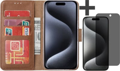 Hoesje met Privacy Screenprotector Geschikt voor iPhone 15 Pro Max – Arara bookcase met pasjeshouder - Bruin