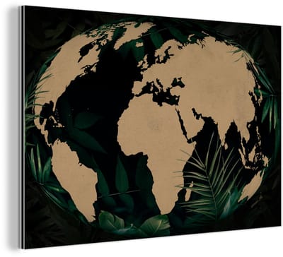 Aluminium schilderij 120x80 cm - Wanddecoratie metaal - Wereldkaart - Wereldbol - Planten - Metalen muurdecoratie woonkamer - Decoratie industrieel - Foto op dibond - Industriële accessoires slaapkamer