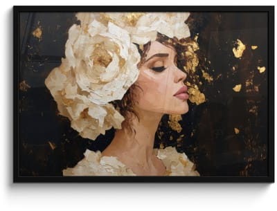 Poster in lijst - Fotolijst 90x60 cm - Posters - Abstract - Vrouw - Bloemen - Wit - Posterlijst zwart - Decoratie - Wanddecoratie woonkamer - Muurdecoratie slaapkamer
