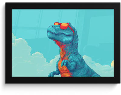 Poster in lijst - Fotolijst 30x20 cm - Posters - T-Rex - Blauw - Wolken - Zonnebril - Posterlijst zwart - Decoratie - Wanddecoratie woonkamer - Muurdecoratie slaapkamer