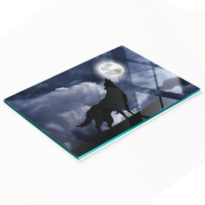 Bord van gehard glas met wolvenpatroon. Vandaag is het volle maan. 80x52 cm
