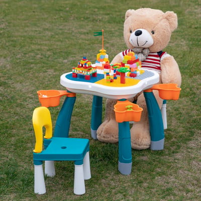 Kindertafel met 2 Stoeltjes - Speeltafel met bouwplaat en vlakke kant - Geschikt voor Lego® & Duplo® Bouwstenen