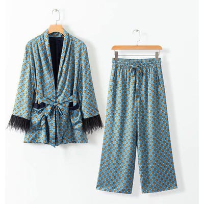 Damespakken Veren Pyjama's 2-delige Set Satijnen Nachtkleding Lange Mouw Bedrukte Kimonojas Herfst Viintage Broek Huispakken L blauw