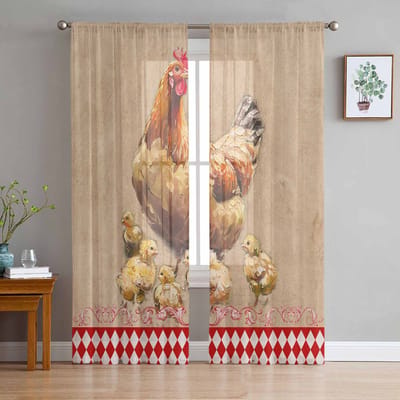 Retro Landelijke Boerderij Kippen Tule Raamgordijnen voor Slaapkamer Luxe Huisdecoratie Gordijnen in Woonkamer Chiffon Panelen 135W x 114H(cm) beige
