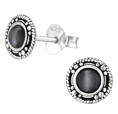 Joy|S - Zilveren Bali oorbellen - 7 mm - cat eye grafiet grijs - geoxideerd - oorknoppen