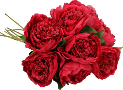 Mica Decorations Kunstbloemen boeket pioenroos - 8x - donker roze - 76 cm - polyester - decoratie bloemen