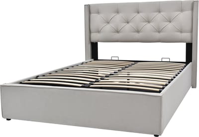 COVREO Gestoffeerd bed met opbergruimte – 140x200 cm – Tweepersoonsbed met lattenbodem – Lichtgrijs - zonder matras