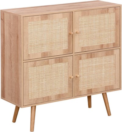sweeek - Kastje met 4 deuren voor kinderen houtdecor en rotan 80cm - bohème