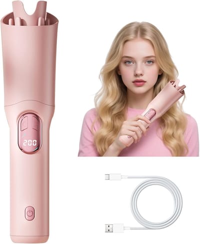 Automatische Roterende Krultang Roze – Oplaadbaar Draadloos – 3 Temp + LCD – Keramisch – Anti-Verbranding Anti-Klit – Reis Geschikt