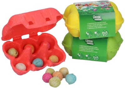Zaadbom - 3 mini-eierdoosje met elk 6 bommetjes, Green Warriors - bloembommetjes - tuin
