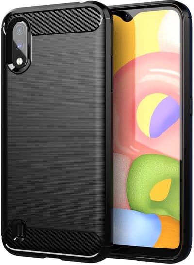 Cadorabo Hoesje geschikt voor Samsung Galaxy A01 in Brushed Zwart - Beschermhoes van flexibel TPU siliconen in roestvrij staal-carbonvezel look Case Cover