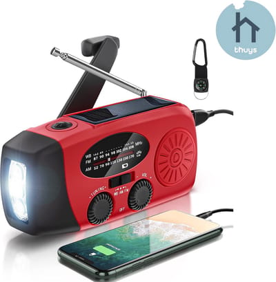 Thuys - Noodradio Opwindbaar en Batterij - Noodpakket - Noodradio Solar Opwindbaar - Powerbank Zonneenergie - Draagbare Radio - Praktisch