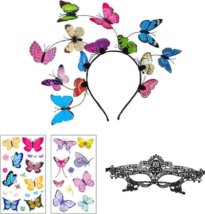 4-delige Vlinder Kostuumaccessoires Set met Haarband, Zwart Oogmasker en 2 Vlinder Stickers voor Carnavals- en Cosplayoutfits voor Vrouwen