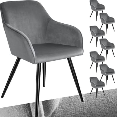 tectake® Eetkamerstoel Marilyn - Set van 8 - Met Armleuningen - Elegante Stoel met Gevoerde Zitting in Fluweellook - Gestoffeerd - Zwarte metalen poten - Ergonomische Keukenstoel - Stoel voor Woonkamer, Eetkamer en Slaapkamer - Grijs