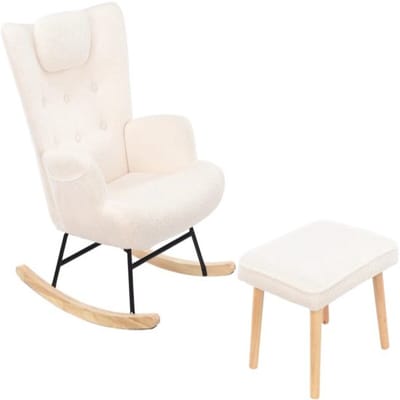 Golaro Schommelstoel - Fauteuil - Relaxfauteuil - Boucleme - Stoel Met Voetenbankje - Relax Stoel - Armleuning - Teddystof - Wit