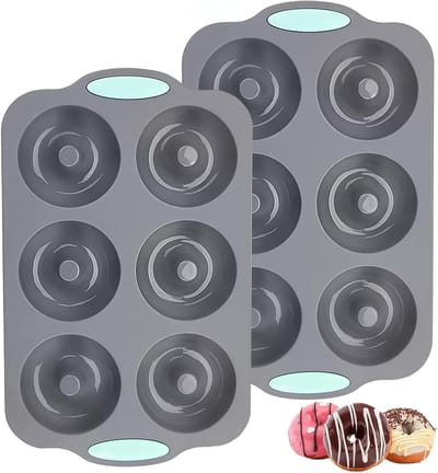 Siliconen Donut Bakvorm Set van 2 Stuks met 6 Holtes, Antiaanbak Donutvorm voor Suikervrije Deegwaren, BPA-vrij, 28.5 x 17.8 x 2.5 cm, Perfect voor Bagels en Gebak
