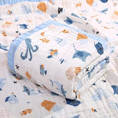 Mousseline Baby Deken - Wikkeldeken Kinderdeken - Baby Comfort - 6-Laags Katoen - 110 x 110 cm - Blauw