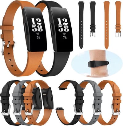 KELERINO. Leren bandjes geschikt voor Fitbit Inspire (HR) - 3pack - Bruin / Grijs / zwart