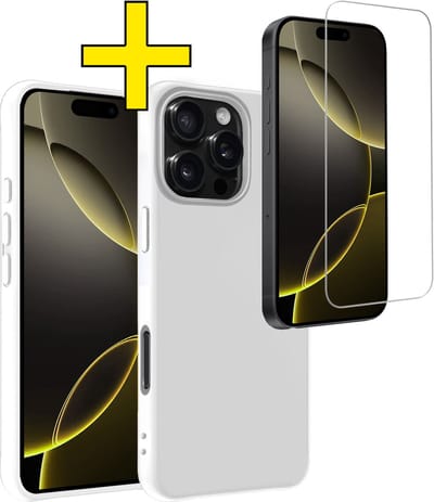 Hoesje - Met Screenprotector - Geschikt voor Apple iPhone 16 Pro - Sterk & Shockproof - Back Cover - Siliconen Case - Telefoon Hoes - Telefoonhoesjes - Wit