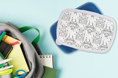Broodtrommel Blauw - Lunchbox - Brooddoos - Inca - Maskers - Patroon - Zwart-wit - 18x12x6 cm - Kinderen - Jongen