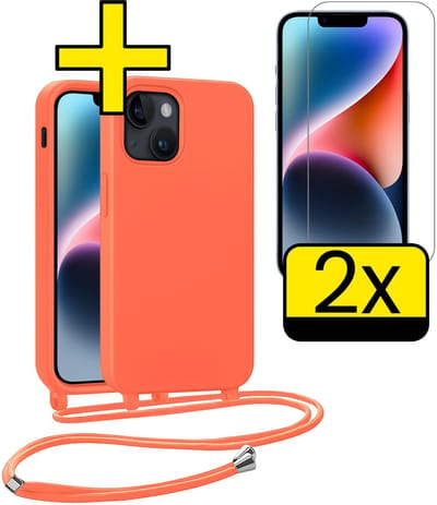 Hoesje Geschikt voor iPhone 13 Mini Hoesje Met Koord Met 2x Screenprotector Siliconen Case - Hoes Geschikt voor iPhone 13 Mini Backcover Met Afneembaar Koord - Papaya