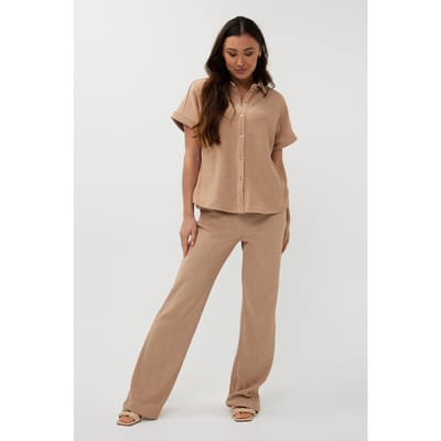 EsQualo Blouse Fancy Crinkle Dark Sand Maat: S | Overhemden Outlet | Dames | Beige
