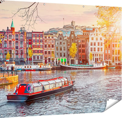 Gards Tuinposter Amsterdamse Huisjes vanaf de Grachten - 150x120 cm - Tuindoek - Tuindecoratie - Wanddecoratie buiten - Tuinschilderij
