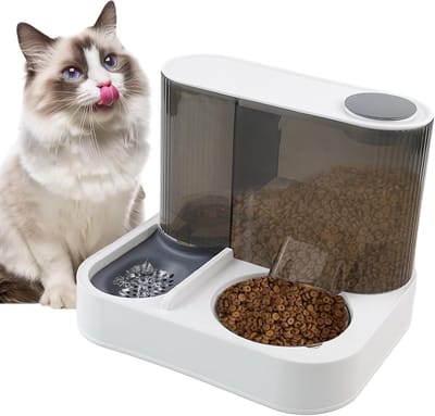 KZQ Automatische Zwaartekracht Kattenvoederbak Twee In Een Met Rvs Voedsel En Waterbak Afneembaar Voor Kittens Puppy S En Kleine Honden Grijs Huisdieren Voederstation