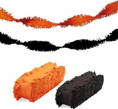 Folat versiering slingers - combi set - zwart/oranje - 24 meter - crepe papier feestslingers - Halloween kleuren