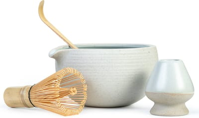Oliva's - Luxe vierdelige Matcha thee set - Bamboe klopper/garde (100 borstels/prongs), lepel, mengkom en garde-houder van keramiek (cadeau-set)