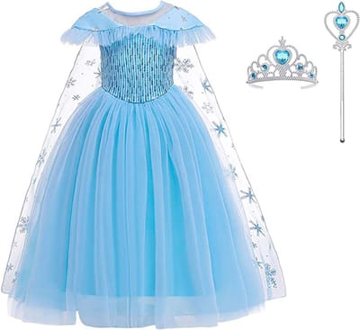 Carnavalskleren meisje - Prinsessenjurk meisje - Elsa jurk - Het Betere Merk - verkleedkleding - maat 134/140 - Tiara - Kroon - Toverstaf