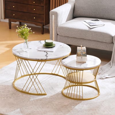 OKWISH Salontafel Set – 2 Ronde Nesting Tafels – Hoogglans Marmerfurnier – Ruimtebesparend Nesting Ontwerp – MDF Wit – Metaal Goud – 70×70×47 & 45×45×40 cm