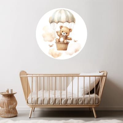 Muurcirkel beer parachute blauw - Ø 100 cm - Dieren - zwart - Muurcirkel binnen - Wanddecoratie -muursticker - Babykamer en kinderkamer