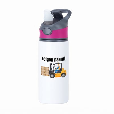 Hacebo® - heftruck met pallet met eigen naam waterfles met rietje roze - Heftruck - mensen die werken in de magazijn - collega's - verjaardag - afscheidscadeau - geschenk - kado - water fles - 650ML