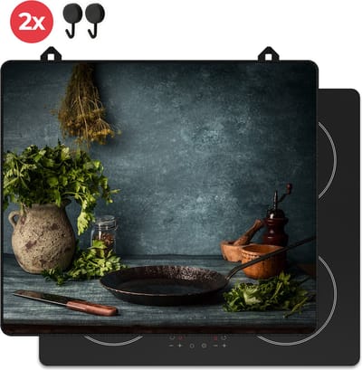 KitchyMist Inductie Beschermer 60x52 cm - Stilleven van Kruiden en Specerijen - Kookplaat Beschermer - Afdekplaat voor Kookplaat - Inductie Mat - Spatscherm Achterwand Keuken