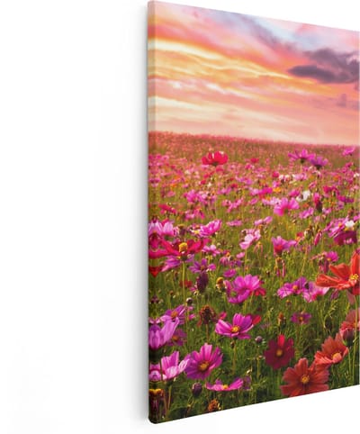 Artaza Canvas Schilderij Bloemenveld - 80x120 cm - Groot - Wanddecoratie Bloemen - Muurdecoratie Zonsondergang - Schilderijen Op Canvas