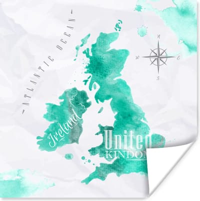 Poster 30x30 cm - Waterverf - Wereldkaart - Engeland - Posters - Kamer decoratie - Wanddecoratie woonkamer - Muurdecoratie slaapkamer