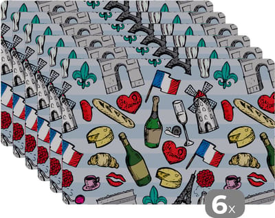 Placemat - Placemats kunststof - Parijs - Patronen - Frankrijk - 45x30 cm - 6 stuks - Hittebestendig - Anti-Slip - Onderlegger - Afneembaar