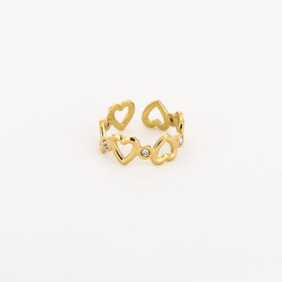 Ring Hartjes - Stainless Steel & Zirconia - Goudkleurig - Verstelbaar - Universele Maat - Verkleurt niet - Cadeau Ring