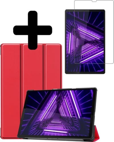 Hoes - Geschikt voor Lenovo Tab M10 FHD Plus (2e / 2nd Generatie) - Met Screenprotector - Trifold Bookcase - Hard Cover - Hardcover Book Case - Tablet Hoesje - Rood