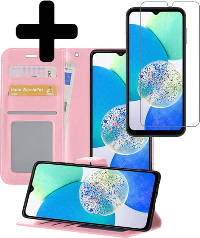 Hoesje - Met Screenprotector - Geschikt voor Samsung Galaxy A14 - Luxe Pasjeshouder - Bookcase Portemonee - Flip Case - Kunstleer Book Case - Flipcase - Book Cover - Walletcase - Portemonneehoes - Telefoonhoesjes - Lichtroze