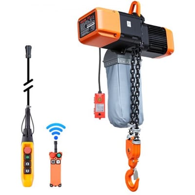 VEVOR elektrische kettingtakel 2721 kg, 9,1 m hefhoogte, driefase, met 100 m draadloze en 8,2 m bekabelde afstandsbediening, G100 dubbele ketting, noodstop, elektrische kettingtakel voor fabrieken, magazijnen en garages.