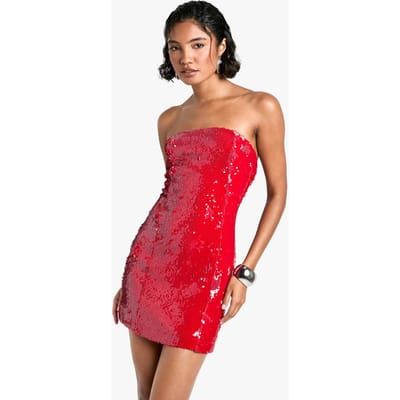 boohoo Dames Hoge Pailletten Bandeau Mini Jurk | Rood | Maat: 42