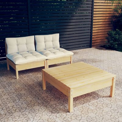 vidaXL - 3-delige - Loungeset - met - crèmekleurige - kussens - grenenhout