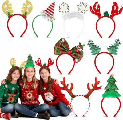 Set van 8 Kerst Haarbanden voor Kinderen en Volwassenen met Rendier, Kerstboom en Sneeuwvlokken voor Feestelijke Kostuums en Kerstpartijen