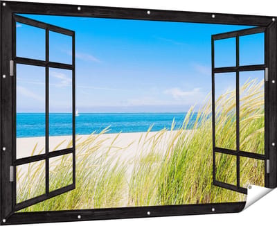 Gards Tuinposter Doorkijk Strand en Zee met een Zeilboot - 180x120 cm - Tuindoek - Tuindecoratie - Wanddecoratie buiten - Tuinschilderij