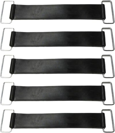 Set van 5 elastische bevestigingsriemen voor motorfietsaccu's. Praktische accessoires ter bescherming en bevestiging.