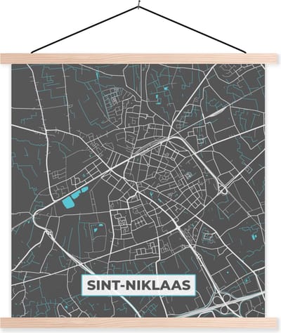 Posterhanger incl. Poster 40x40 cm - Schoolplaat - België – Sint Niklaas – Stadskaart – Kaart – Blauw – Plattegrond - Textielposter - Blanke latten - Stadskaart