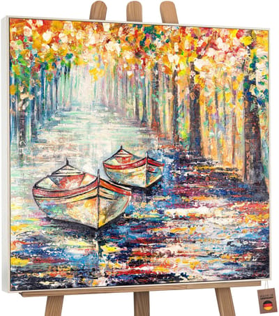 Canvas schilderij vierkant handgeschilderd herfststeiger herfst water – YS-Art Gallery – Luxe wanddecoratie voor woonkamer – Sfeervol schilderij voor slaapkamer en hal