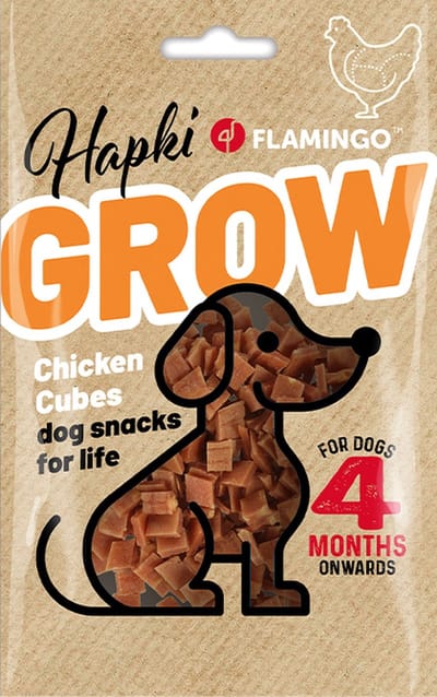 FLAMINGO HAPKI GROWTH chicken cubes - puppysnack -, - geen toegevoegde suiker - 85 gr hondensnack vanaf 4 maanden- verwensnack, trainingssnack - beloonsnack